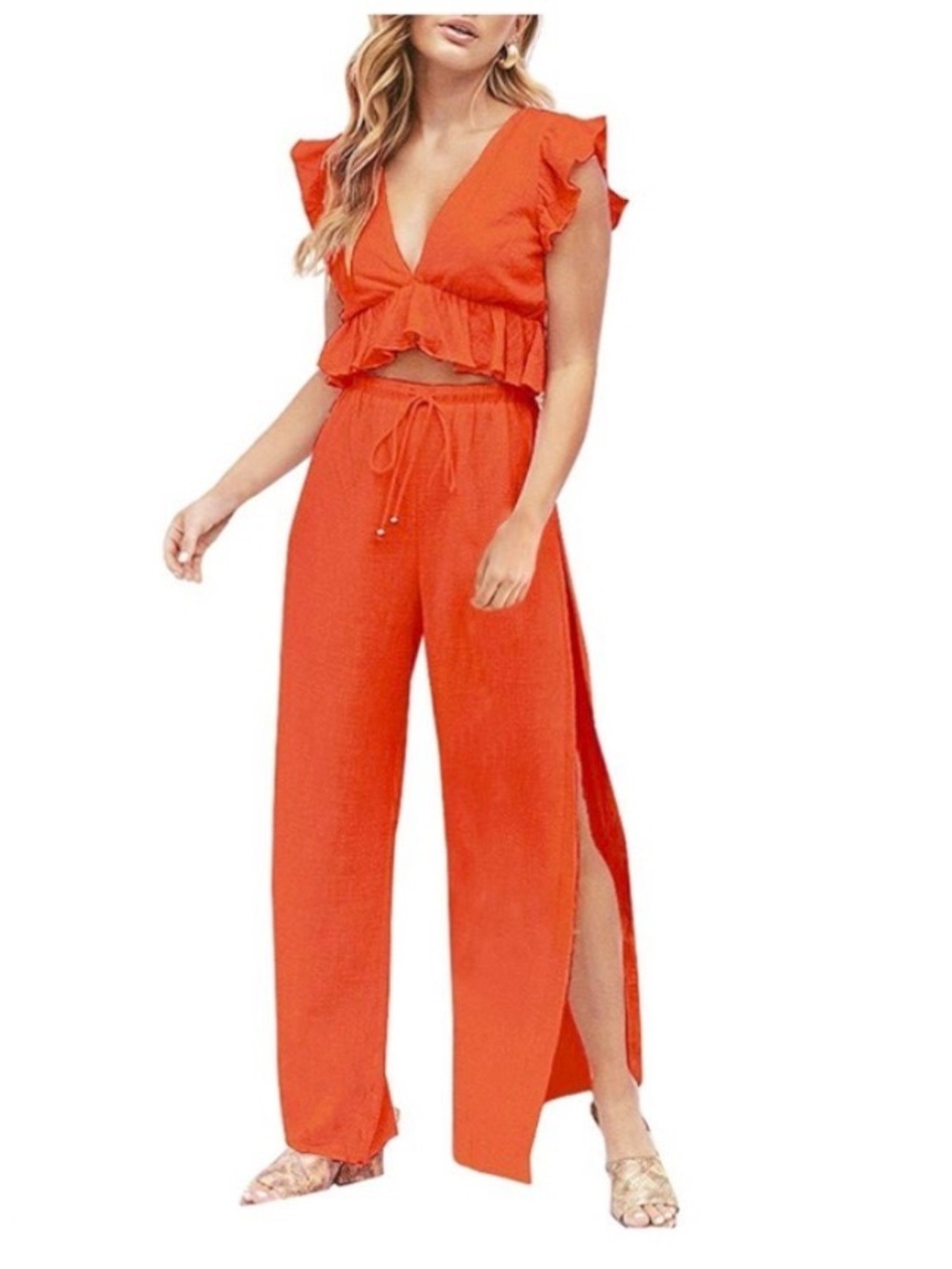 Fancyinn Orange Ruffle Crop Top & Wide-Leg Split Pants Set